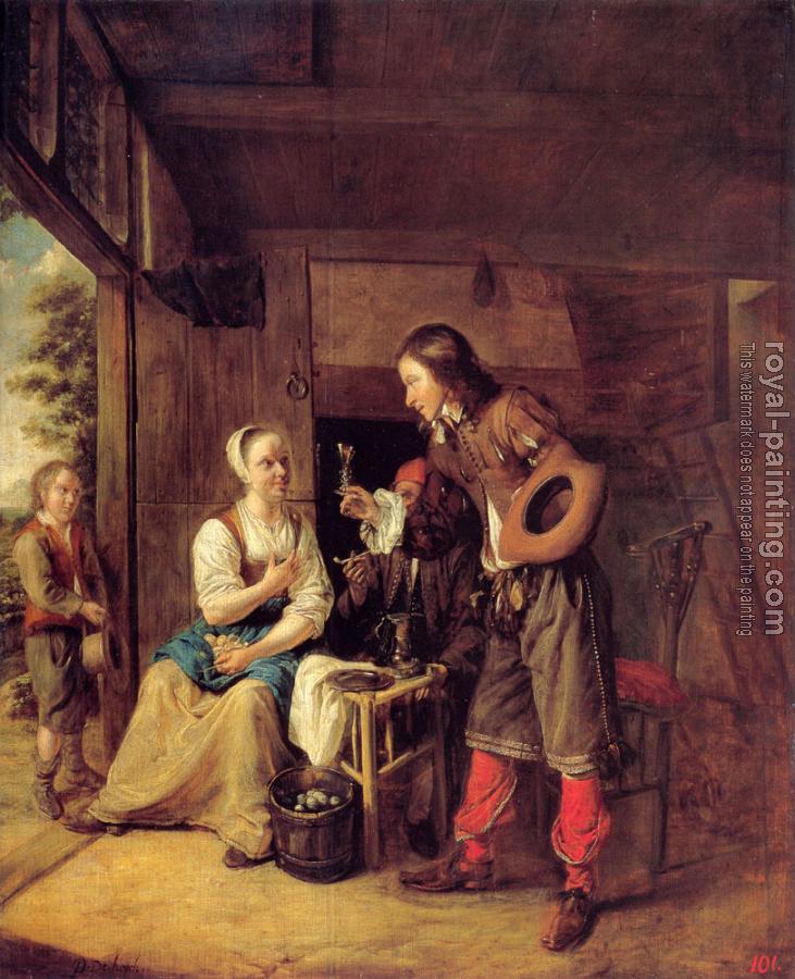 Pieter De Hooch : A Man Offering A Glass of Wine to a Woman